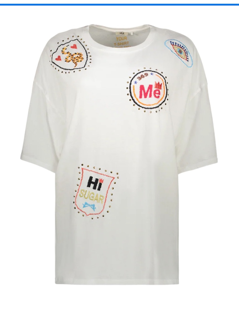 Me369 White Short-Sleeve Embroidered Angelina stickers, oversized lTee sizeXS/S